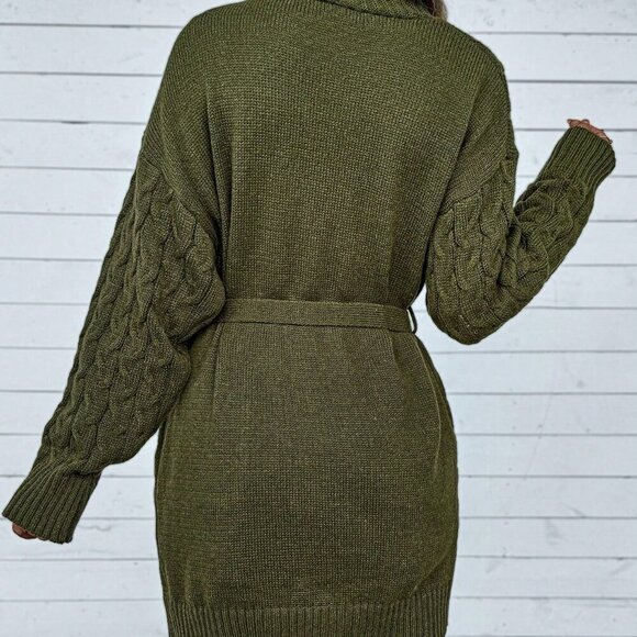 Army Green Casual Women's Solid Color Cable Knit V-Neck Cardigan - Picture 2 of 6